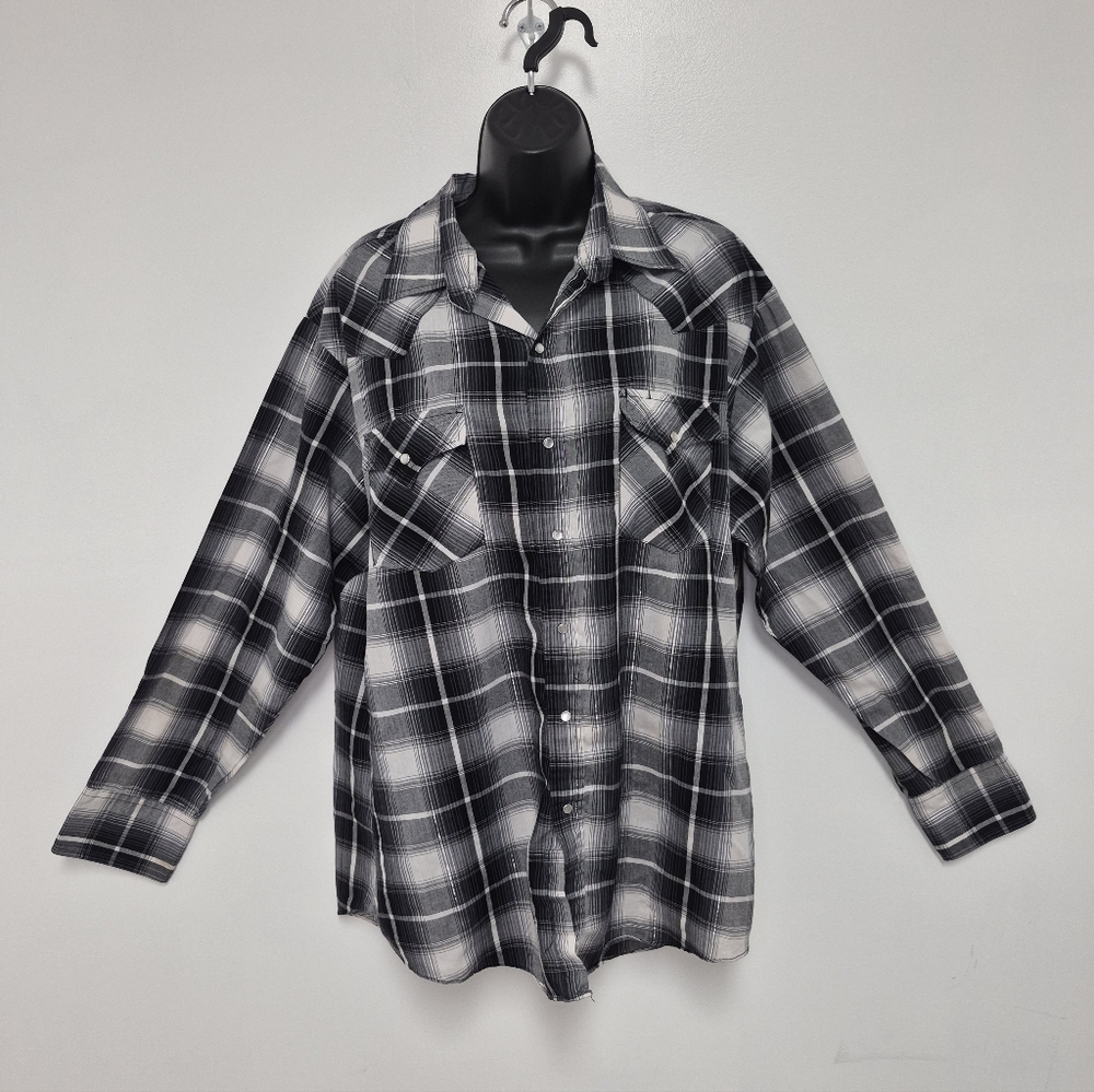 Ely Cattleman Pearl Snap Metallic Detailing Checkered Plaid Western Shirt sz XL
